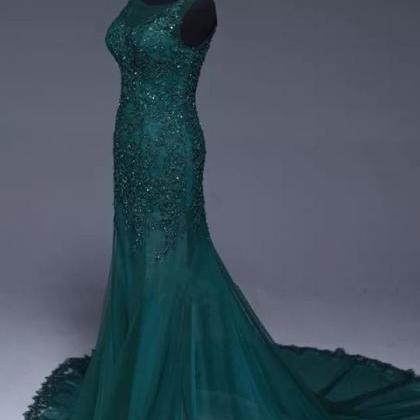 Emerald Green Tulle Mermaid Prom Dresses Lace Appliques Formal Dress on ...