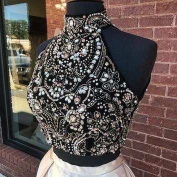 Crystal Beaded High Neck Open Back Prom Dresses..