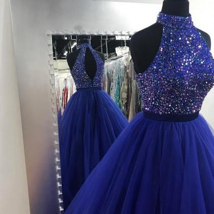 Royal Blue Tulle High Neck Prom Ball Gown Dresses..