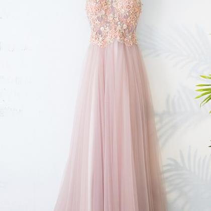 Pink Tulle Long V Neck Customized Appliques Sweet..