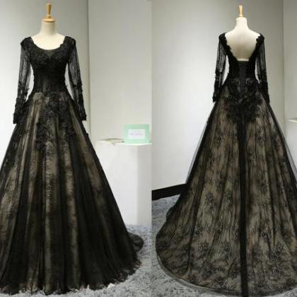 Black Lace Long Sleeve Backless Long Prom Dresses