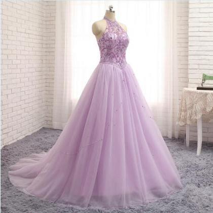 Princess Lavender Tulle Crystal Long Halter Prom..