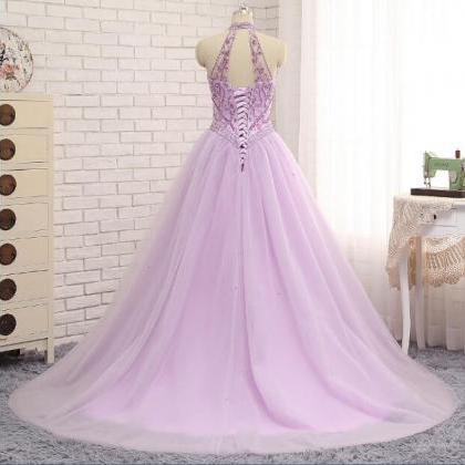 Princess Lavender Tulle Crystal Long Halter Prom..