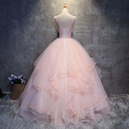 Pink Tulle Puffy O Neck Long Prom Gown With Lace..
