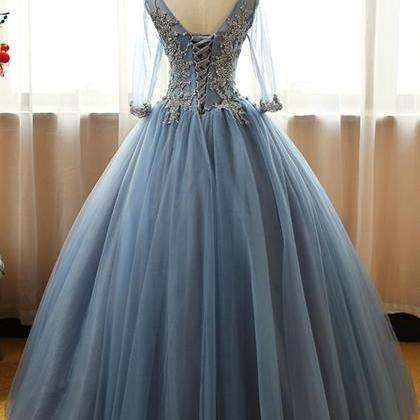 Princess V Neck Long Gray Tulle Formal Prom Gown,..