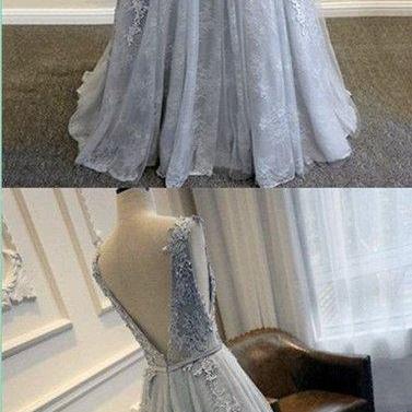 Gray Prom Dresses, V-back Prom Dresses, Scoop Prom..