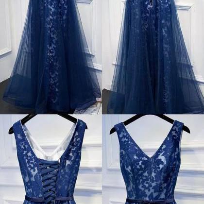 A-line V-neck Long Dark Blue Tulle Prom Dress With..