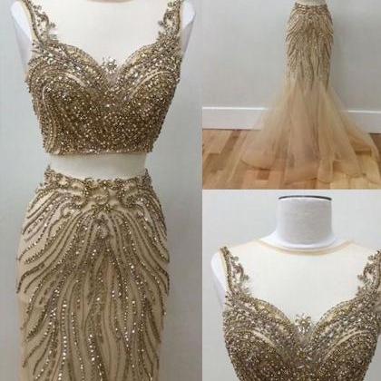 Sexy Two Piece Tulle Champagne Mermaid Beaded Prom..