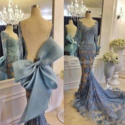 Sexy Sheer Lace Prom Dresses With Long Sleeve..