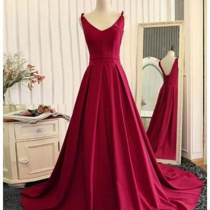 Simple Red Prom Dress V-neck Satin Evening Gown on Luulla