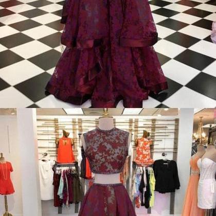 Burgundy Lace Two Pieces Long Prom Dress, Burgundy..