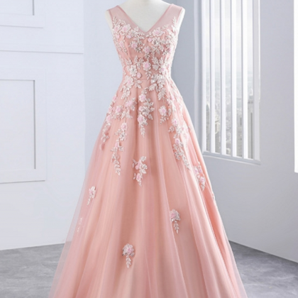 Pink Long Evening Dresses Party Tulle Appliques A..