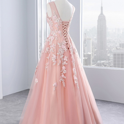 Pink Long Evening Dresses Party Tulle Appliques A..