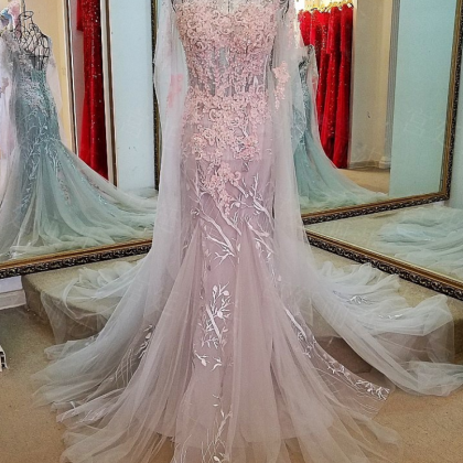 Prom Dresses Long Grey Lace Up Back Beaded Lace..
