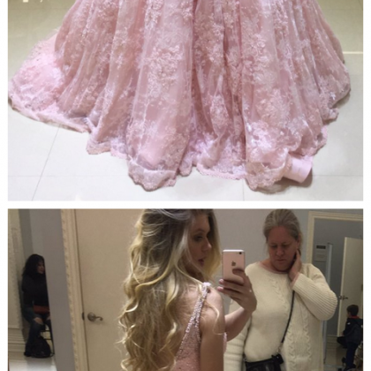 Charming Prom Dress, Pink V Neck Pink Lace Long..