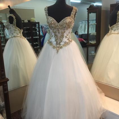 Gold Beading Sweetheart White Organza Ball Gowns..