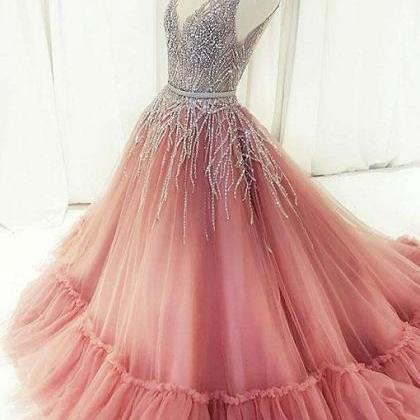 Unique A-line V-neck Pink Tulle Long Prom Evening..