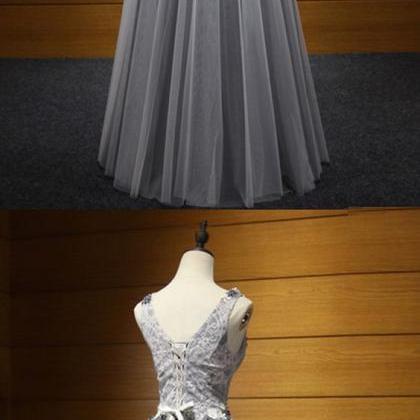 Fashion Grey Prom Dress 3d Flowers Tulle Elegant..