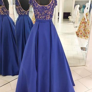 Blue Round Neck Beads Long Prom Dress, Blue..