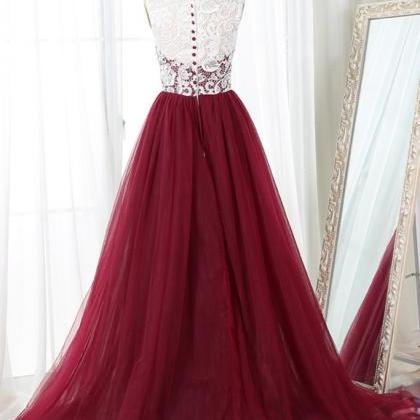 Unique Burgundy Tulle Long A-line Evening Dress,..
