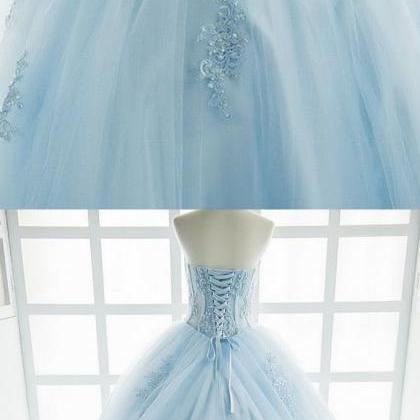 Princess Ice Blue Tulle High Waist Long Sweet Prom..
