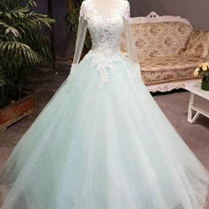Unique Mint Tulle Long Lace Top Winter Prom Dress..