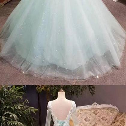 Unique Mint Tulle Long Lace Top Winter Prom Dress..
