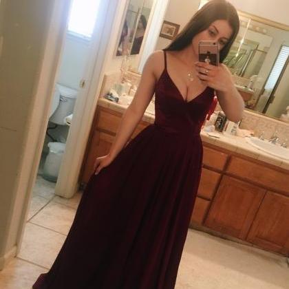 Burgundy v neck long prom dress, Full of charm evening dress main image 0