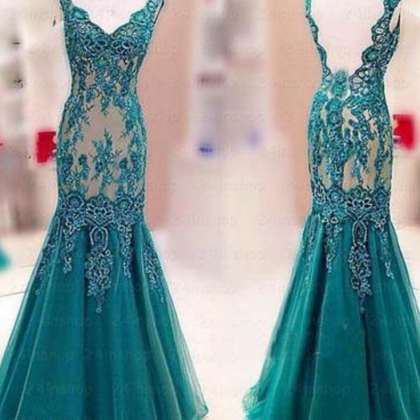 Green Mermaid Prom Dress, Lace Appliques Tulle..