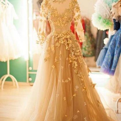 Champagne Tulle Round Neck Long Sleeves Applique..