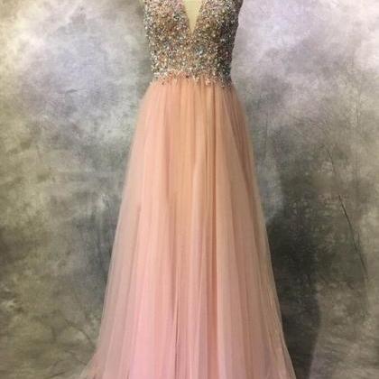 Pretty Pink Tulle Sequins Beading V-neck Long..