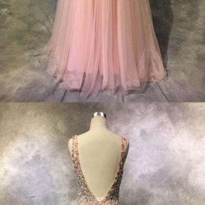 Pretty Pink Tulle Sequins Beading V-neck Long..