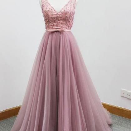 Pink Tulle V-neck Long Dress,beading Sequins Open..