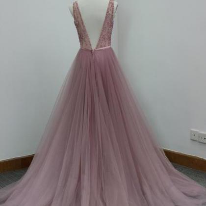 Pink Tulle V-neck Long Dress,beading Sequins Open..