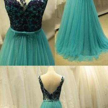 Appliques Tulle Prom Dress,long Prom..