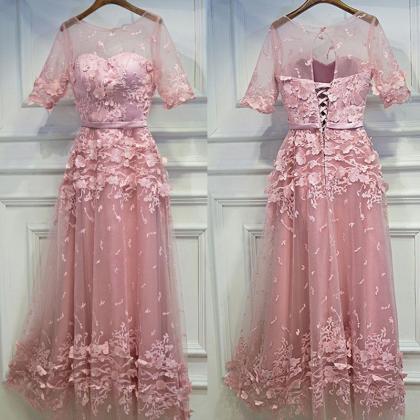 Half Sleeves Tulle Applique Lace Up Back Long Prom..
