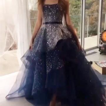Fully Beading Strapless Navy Blue Ball Gown Prom..