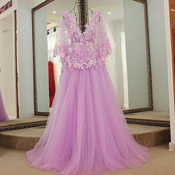 Lilac Tulle Long V Neck Puffy Sleeves Evening..