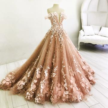 Lace Embroidery Off Shoulder Tulle Ball Gown..