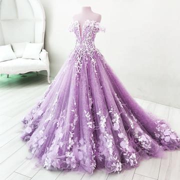 Lace Embroidery Off Shoulder Tulle Ball Gown..