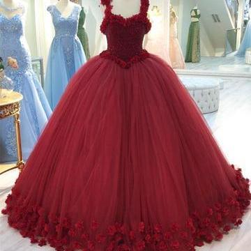 Maroon Tulle Ball Gown Flower Wedding Dresses With..