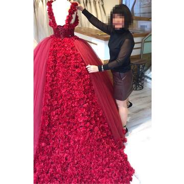 Maroon Tulle Ball Gown Flower Wedding Dresses With..