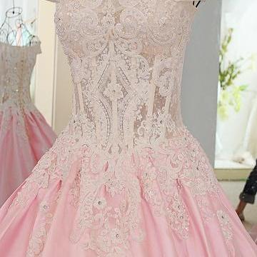 Pink Satin Ball Gowns Wedding Dresses Lace..