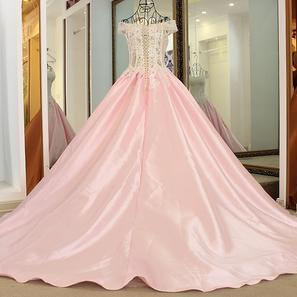 Pink Satin Ball Gowns Wedding Dresses Lace..
