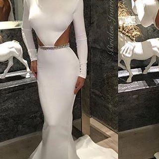 Plunging Neckline Long Sleeve White Celebrity Gown - Xdressy