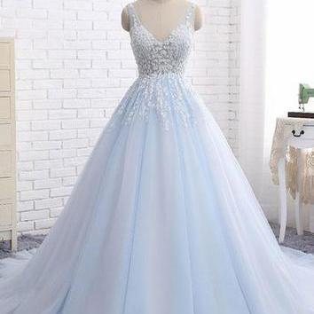 Chic Prom Dresses,a-line Light Sky Blue V-neck..