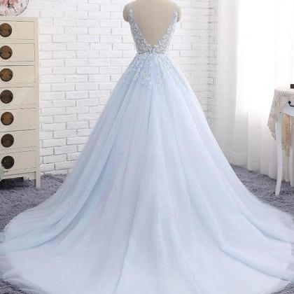 Chic Prom Dresses,a-line Light Sky Blue V-neck..