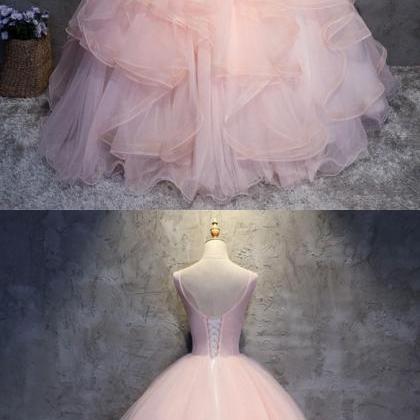 Pink Round Neck Tulle Lace Applique Long Prom..