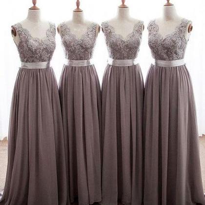 Simple V Neck Lace Chiffon Long Prom Dress,..