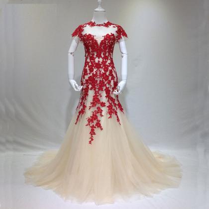 2018 Jewel Neck Red Lace Long Prom Party Dress..